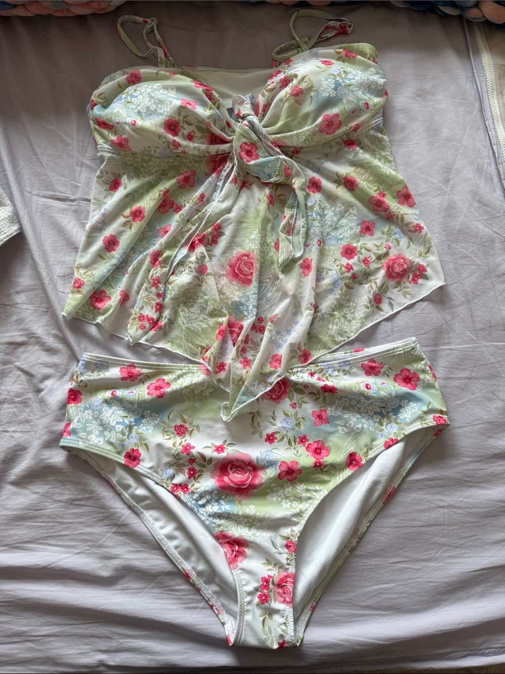 Floral Tie-Front Tankini Swimsuit - Pink Floral on Light Green